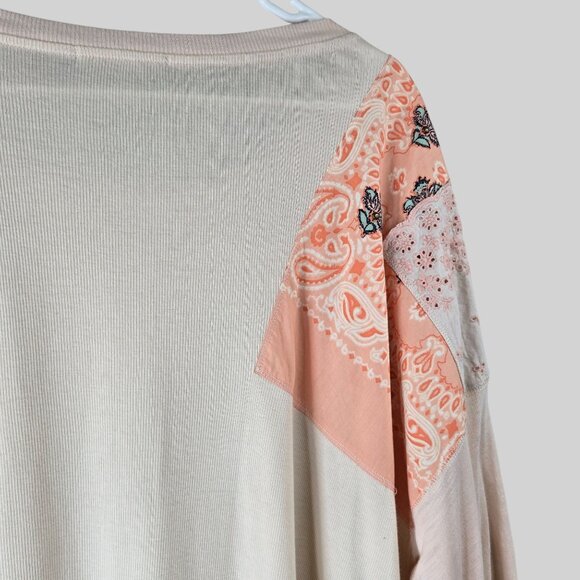 We The Free Patchwork Boho Shirt Lg Light Pink Oversized Relaxed Long Sleeve Top - Picture 12 of 13